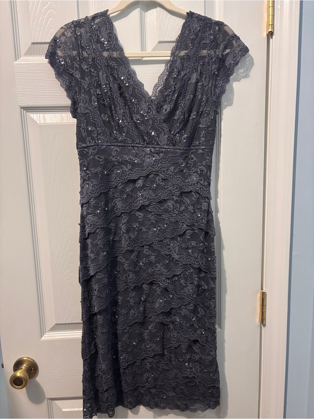 MARINA Charcoal Gray Lace Midi Dress with V-Neck